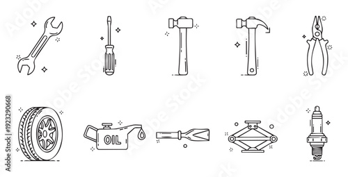 Essential car repair and automotive maintenance tools and parts presented as modern line icons perfect for mechanic service applications, diagnostic infographics, and vehicle care websites