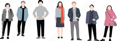 PrintStylized illustration of diverse people standing side by side, casual clothing, red neck bands, modern fashion, symbolic scene