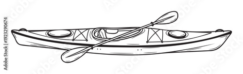 Detailed black and white vector outline of a recreational kayak with a doublebladed paddle for outdoor water sports, active lifestyle, and adventure content