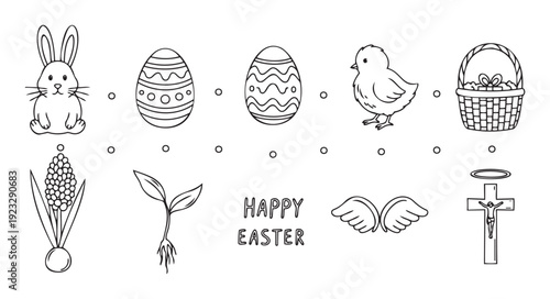 Outline collection of traditional Easter symbols including bunny chick eggs flower and religious cross for holiday greeting cards and festive decoration projects
