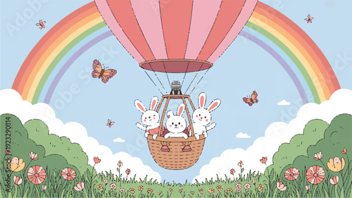 Two white rabbits ride hot air balloon under rainbow and butterflies