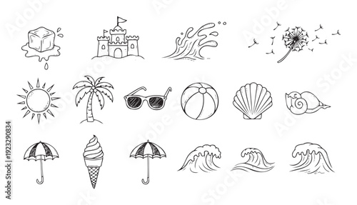 Black and white hand drawn summer holiday vacation weather icons for travel agency marketing materials or seasonal event promotions