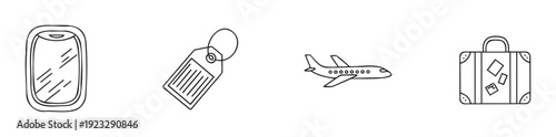 Essential travel and vacation icons featuring an airplane window, baggage tag, passenger jet, and classic suitcase, ideal for online travel platforms, tourism marketing, and global journey