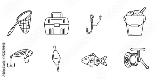 A comprehensive collection of essential fishing equipment icons featuring a net, tackle box, hook, bait bucket, lure, bobber, fish, and reel, ideal for outdoor activity promotions and