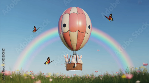 Giant easter egg hot air balloon floats over rainbow and butterflies in sunny sky