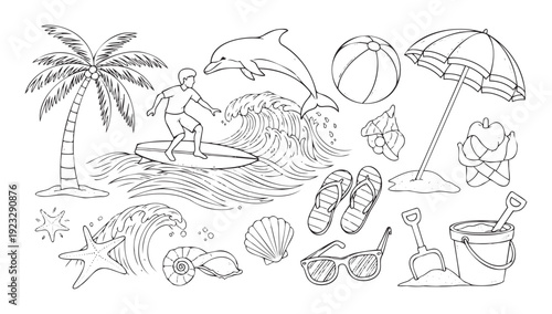 Handdrawn summer beach vacation collection featuring surfing man on a wave, tropical palm tree, playful dolphin, and various holiday items for leisure and travel projects.