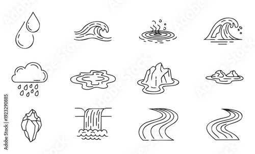 Diverse collection of linear water icons including drops, waves, hot springs, rain, rivers, and ice elements perfect for environmental education and naturethemed graphic projects