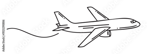 Minimalist black and white line drawing of an airplane soaring across the sky with a trailing line representing motion ideal for aviation industry promotions educational resources or travel