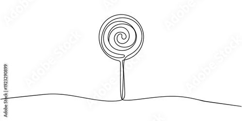 Continuous line drawing of lollipop, spiral hard sugar candy on stick. Vector sketch of round caramel with striped swirls in one black contour isolated on white background