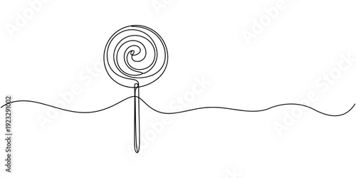 Continuous line drawing of lollipop, spiral hard sugar candy on stick. Vector sketch of round caramel with striped swirls in one black contour isolated on white background