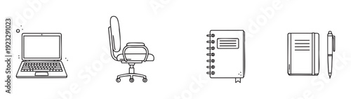 Set of essential office and study tools line icons, depicting a laptop, ergonomic chair, spiral notebook, and a journal with pen, perfect for business, education, and productivity themes.