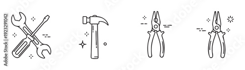 Essential construction and repair tools line icons for industrial workshops, home improvement projects, and mechanical maintenance services advertising applications