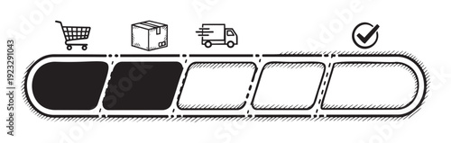Hand drawn progress bar with shopping cart box delivery truck and checkmark icons illustrating an online order shipping and fulfillment process for ecommerce websites and mobile applications