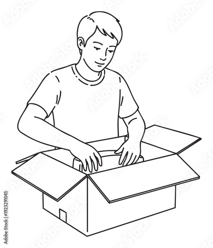 Young Asian man with short hair focusing on organizing items inside an open shipping box, perfect for illustrating delivery, storage, or ecommerce processes