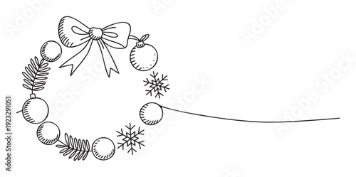 Simple line drawing of a winter holiday wreath featuring a beautiful ribbon, round baubles, and elegant snowflakes, ideal for event invitations or seasonal promotions