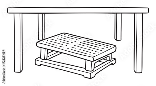 Simple line drawing depicting a functional wooden table with a practical step stool stored underneath, ideal for illustrating concepts of furniture organization, home efficiency, or basic