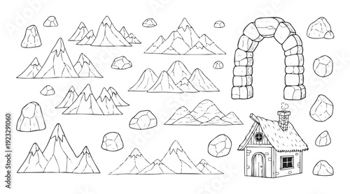 Hand drawn outline set featuring diverse mountain ranges, various natural rocks, an old stone archway, and a quaint rustic cottage, perfect for game environment assets or coloring pages.