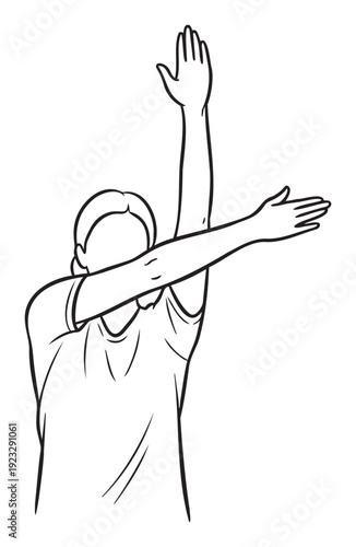 Energetic person performing a celebratory arm pose with one arm extended up and the other across the face, perfect for conveying success or a moment of triumph in various promotional