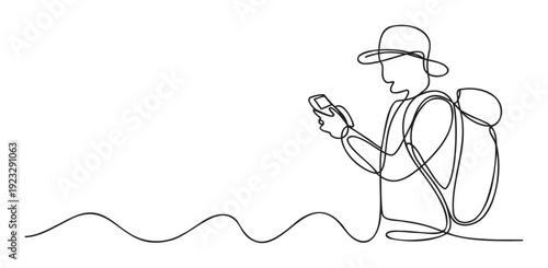 Continuous line drawing of a person wearing a hat and backpack using a smartphone while traveling or exploring perfect for modern digital adventure and travel communication related
