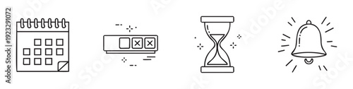 Collection of time and schedule management icons including a calendar, digital timer, hourglass, and ringing bell, ideal for business presentations, web applications, and educational