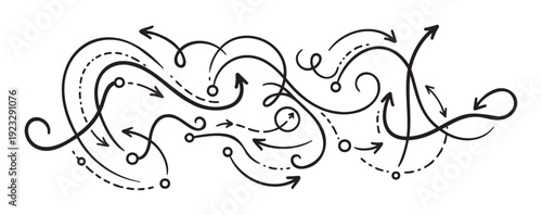 Dynamic collection of hand drawn arrows and wavy lines symbolizing direction, movement, and complex paths for business presentations or infographic storytelling