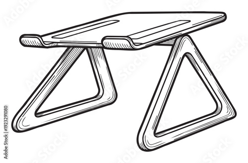 Professional line drawing of an ergonomic portable laptop stand with triangular legs for improved posture and comfortable desk work setup