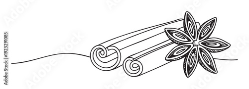 A continuous line drawing of aromatic cinnamon sticks and a star anise spice representing exotic flavor and culinary uses for cookbooks, food blogs, or restaurant menus.