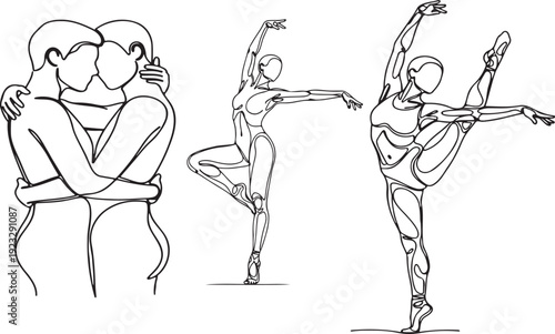Diverse line art: loving couple embracing and elegant ballet dancers