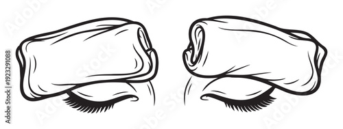 Two pairs of gracefully closed eyes with intricate eyelashes presented in a clean black and white line drawing style symbolizing serenity and deep relaxation ideal for various health and