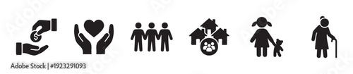 Social responsibility and community care black flat icons representing charity support, family, children, and elderly people, useful for nonprofit organizations and public service campaigns