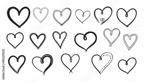 Collection of hand drawn heart shapes in various styles for Valentines Day decorations, wedding invitations, romantic greeting gifts, or lovethemed graphic designs.