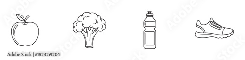 Line drawing set of health and fitness icons featuring an apple, broccoli, hydration bottle, and athletic shoe, perfect for wellness programs and healthy lifestyle promotions.