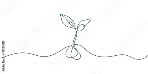 Growing plant, sprout leaves in one continuous line drawing. Creative concept of renewable green energy and environmental friendly sources, Plant Sprout in the ground, one line drawing vector illustra