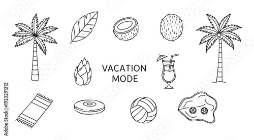 A collection of handdrawn vacation icons including palm trees, coconuts, cocktails, and beach gear, perfect for summer travel promotions and holiday advertisements