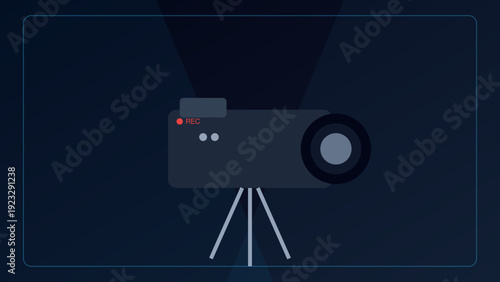 Cinematic video production scene with professional camera on tripod. Modern footage illustration in dark tone vector style. Suitable for filmmaking, content creation,vlog, media production and digital