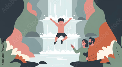 Family Bonding & Childhood Freedom: Joyful Leap in a Vibrant Natural Landscape