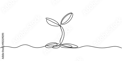 Growing plant, sprout leaves in one continuous line drawing. Creative concept of renewable green energy and environmental friendly sources, Plant Sprout in the ground, one line drawing vector illustra