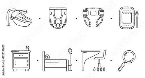 Line icons set featuring essential baby care items including a car seat and diapers, healthrelated objects like a hospital bed and an IV pole, alongside furniture such as a nightstand and
