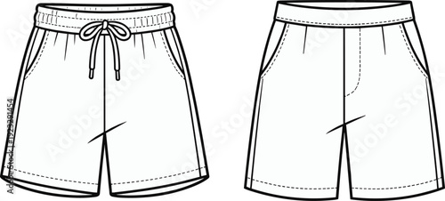 Pair of Mens Athletic Shorts Technical Flat Sketch Vector Illustration Set with Drawstring Waistband and Pocket Details for Fashion Design Manufacturing and Activewear Apparel
