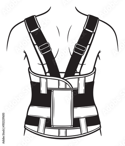 Orthopedic back support brace with shoulder straps for posture correction and spinal alignment, ideal for medical health publications and rehabilitation advertising materials.