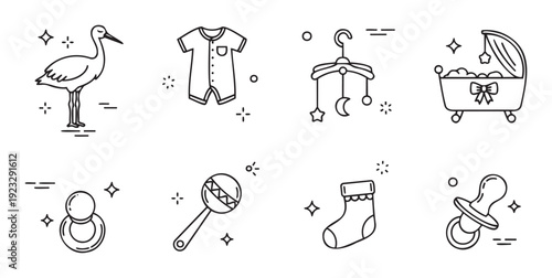 Baby essentials and newborn care icons collection featuring a stork, romper, mobile, bassinet, teether, rattle, sock, and pacifier for maternity promotions