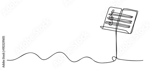 A continuous one line drawing of a music stand holding sheet music with a treble clef, perfect for musical themes, education materials, or modern graphic design projects