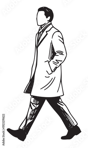 A confident professional man walks purposefully forward in a stylish coat and suit, symbolizing business ambition and progress for corporate presentations.