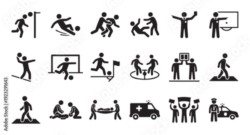 Collection of diverse stick figure icons depicting various sports actions, emergency situations, and social events, ideal for infographics, website graphics, and educational materials.