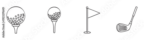 Golf game equipment collection featuring golf balls on tees, a flagstick, and a club for sports events promotions, recreational activity visuals, and tournament branding.