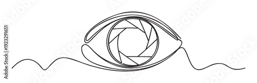 Dynamic continuous line drawing of an eye featuring a camera aperture iris, symbolizing vision, photography, and creative perspective, perfect for modern branding, marketing, and graphic
