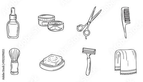 Hand drawn collection of barbershop and mens grooming essentials featuring shaving tools, hair care instruments, and cosmetic products, suitable for masculine branding and web use.