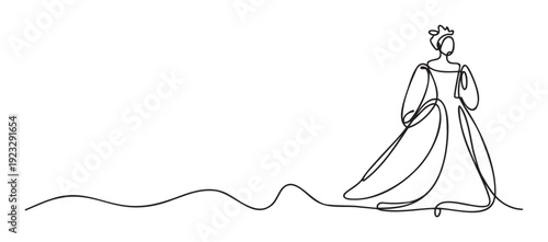Continuous single line drawing of a majestic queen wearing a royal crown and flowing elegant gown, perfect for sophisticated branding and minimalist graphic design projects.
