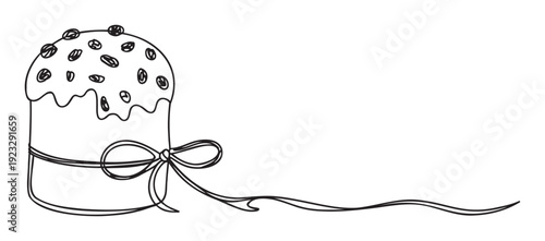 Elegant continuous line drawing of an Easter cake adorned with glaze and raisins, tied with a decorative bow and flowing ribbon, suitable for spring holiday greetings, festive invitations,