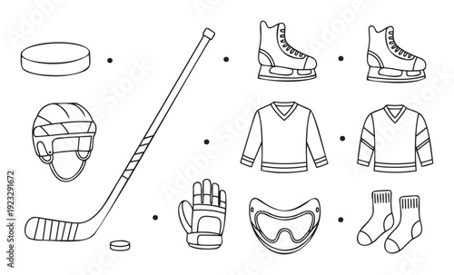 Comprehensive collection of essential ice hockey equipment in a simple outline drawing style perfect for sports education materials or game day promotional graphics